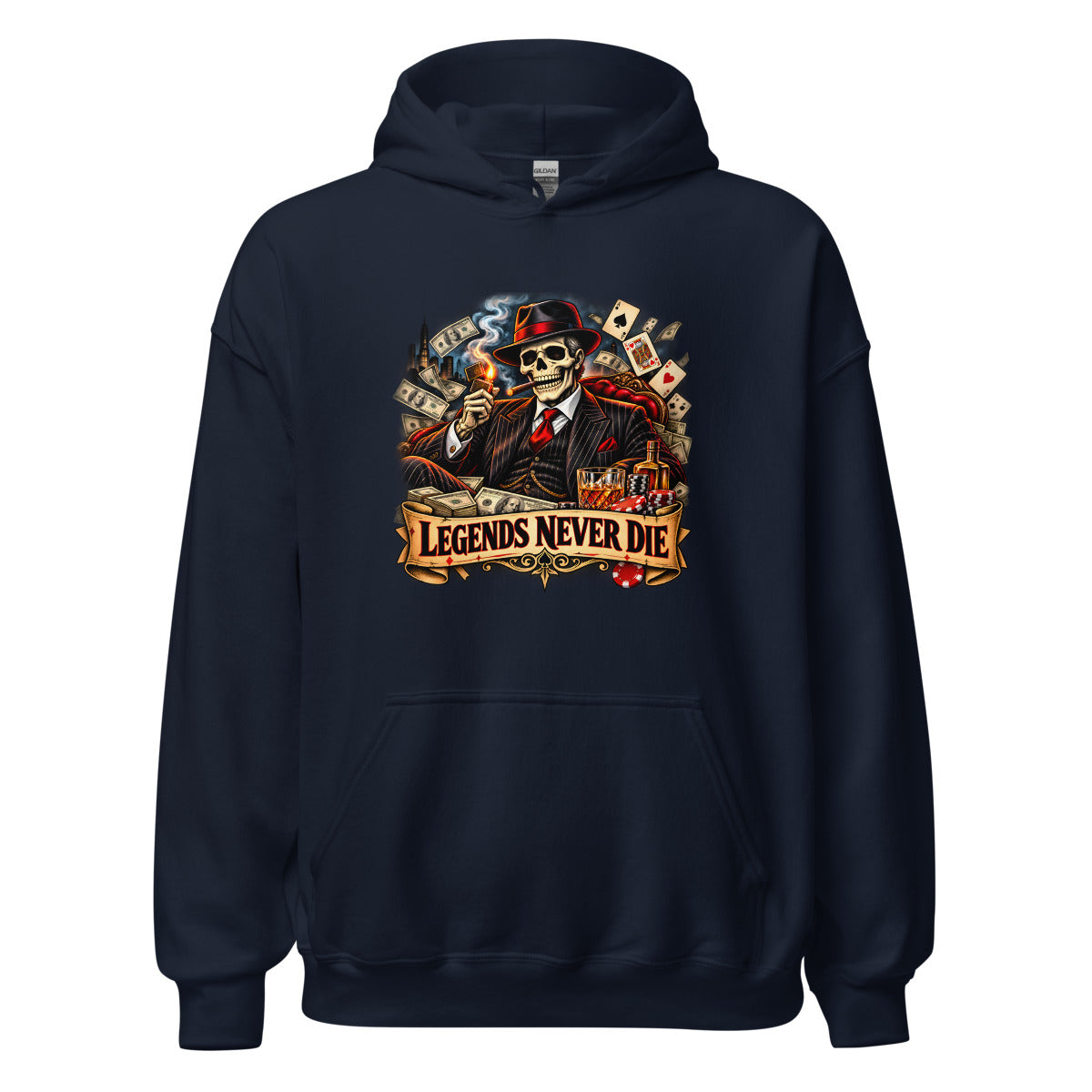 Skelett-Gangster mit Zigarre und Schriftzug – Hoodie – großer Frontdruck