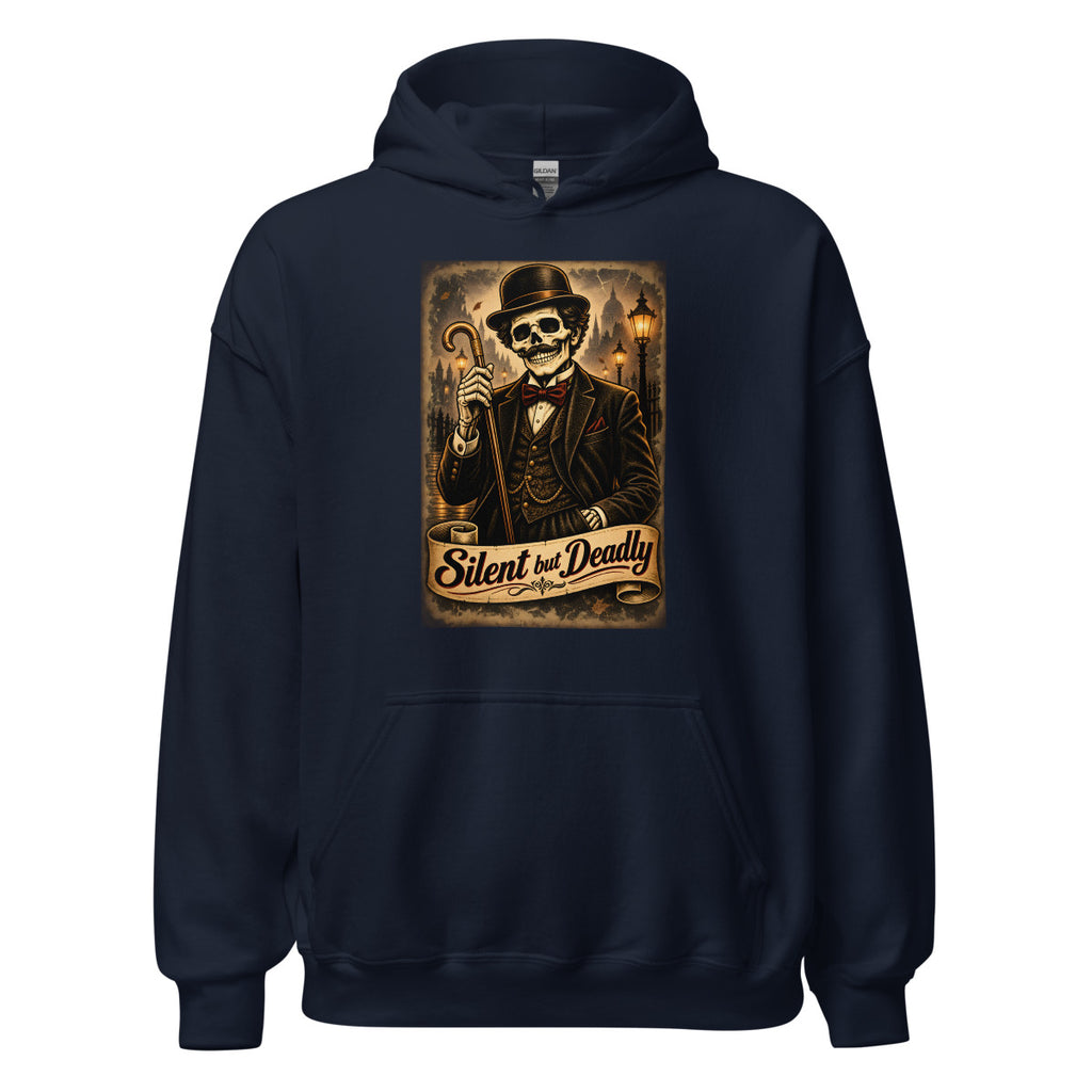 Skelett-Gentleman mit Zylinder und Gehstock – Hoodie – großer Frontdruck
