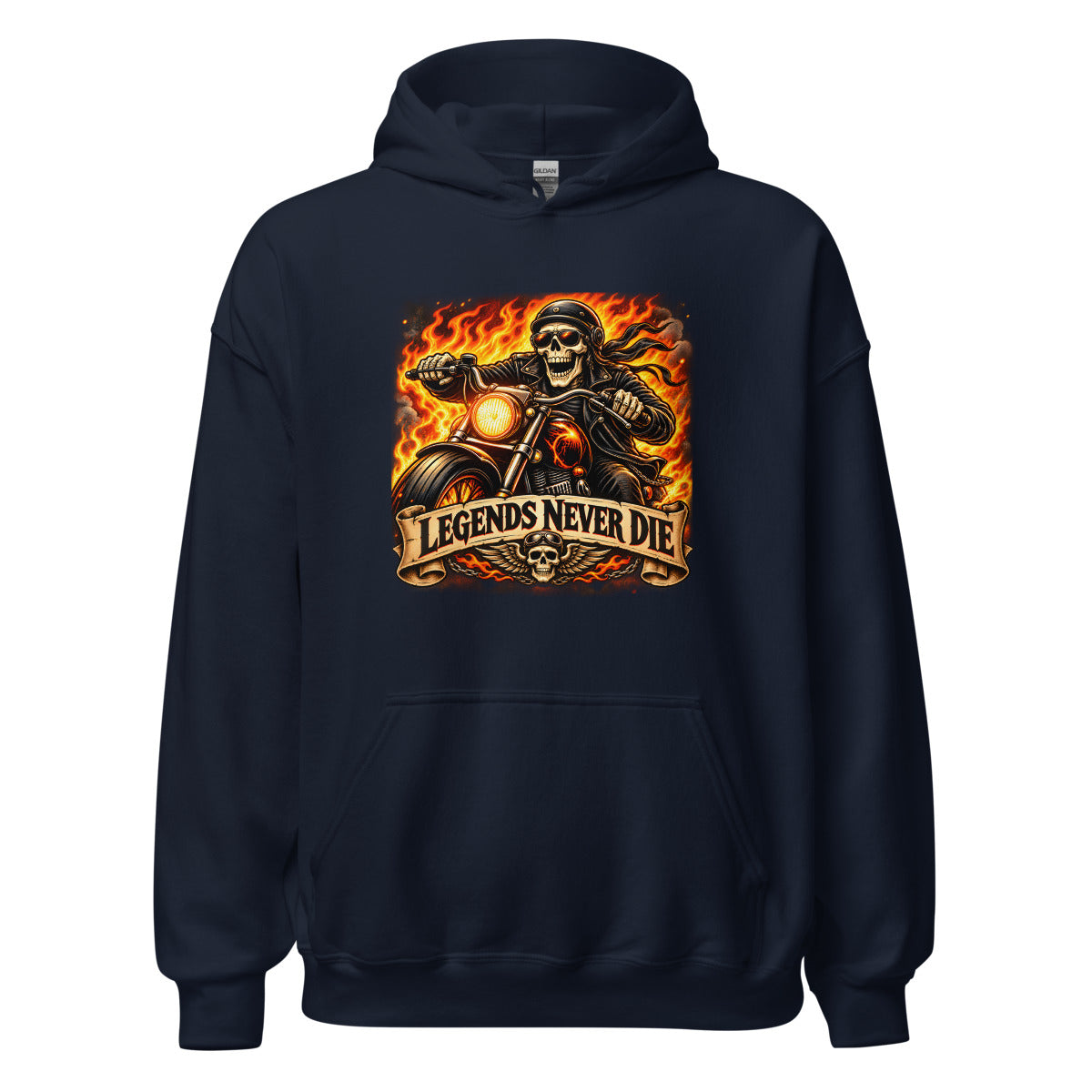 Skelett-Biker mit Flammen und Schriftzug – Hoodie – großer Frontdruck