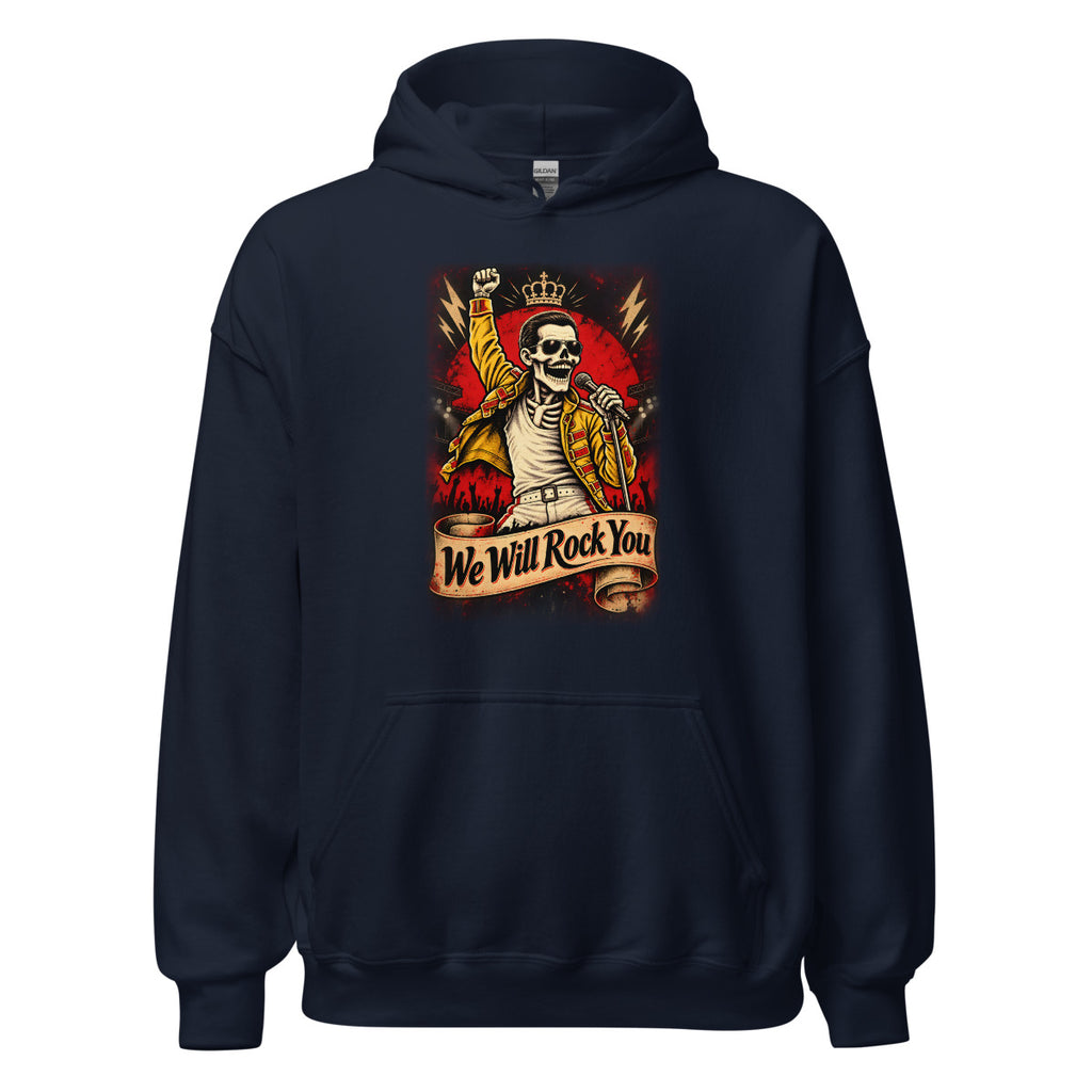 Skelett-Rocksänger mit Krone und Mikrofon – Hoodie – großer Frontdruck