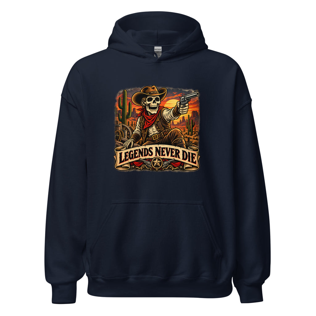 Western Skelett mit Revolver und Schriftzug – Hoodie – großer Frontdruck