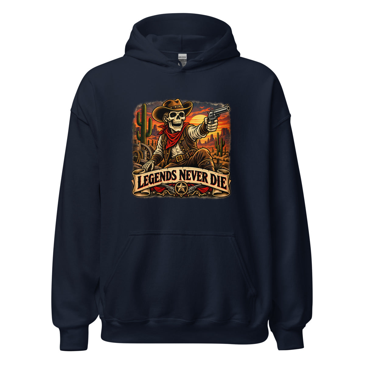 Western Skelett mit Revolver und Schriftzug – Hoodie – großer Frontdruck