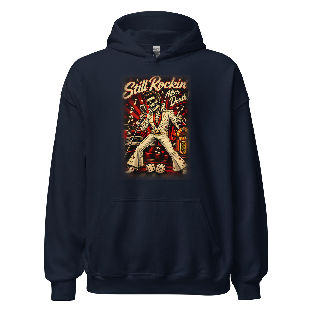 Rockabilly Skelett Elvis – Hoodie – großer Frontdruck