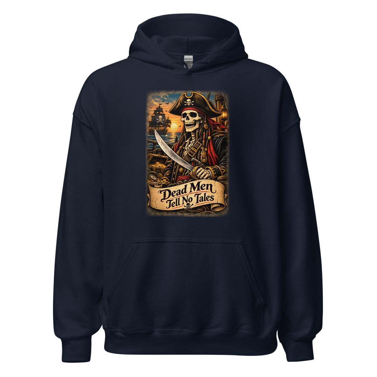Piraten-Skelett mit Schriftzug "Dead Men Tell No Tales" – Hoodie – großer Frontdruck