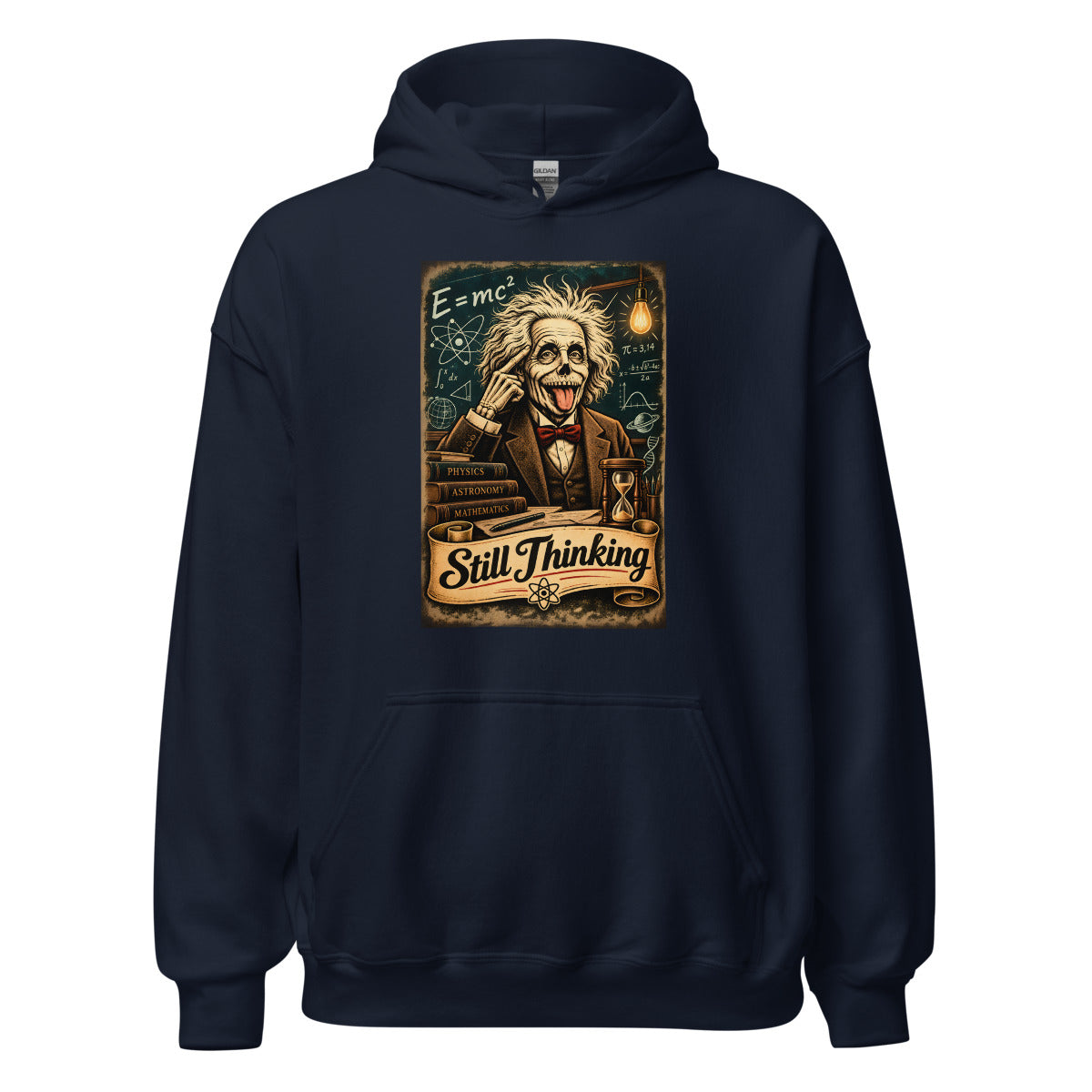 Skelett Einstein mit Zunge raus und Schriftzug Still Thinking – Hoodie – großer Frontdruck