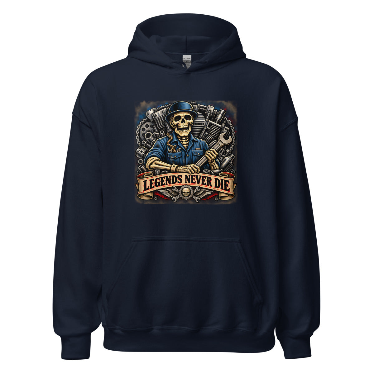 Skelett-Mechaniker mit Schraubenschlüssel und Schriftzug – Hoodie – großer Frontdruck