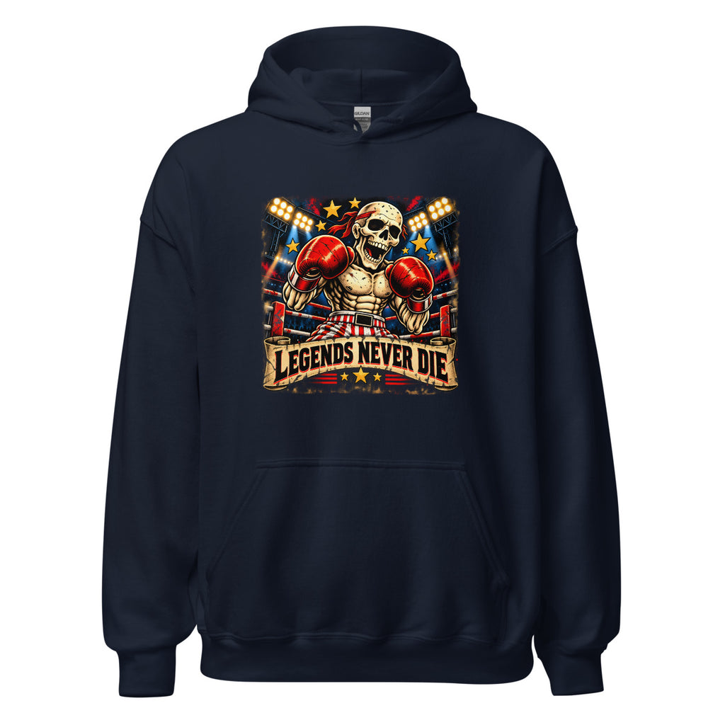 Boxskelett mit Schriftzug "Legends Never Die" – Hoodie – großer Frontdruck
