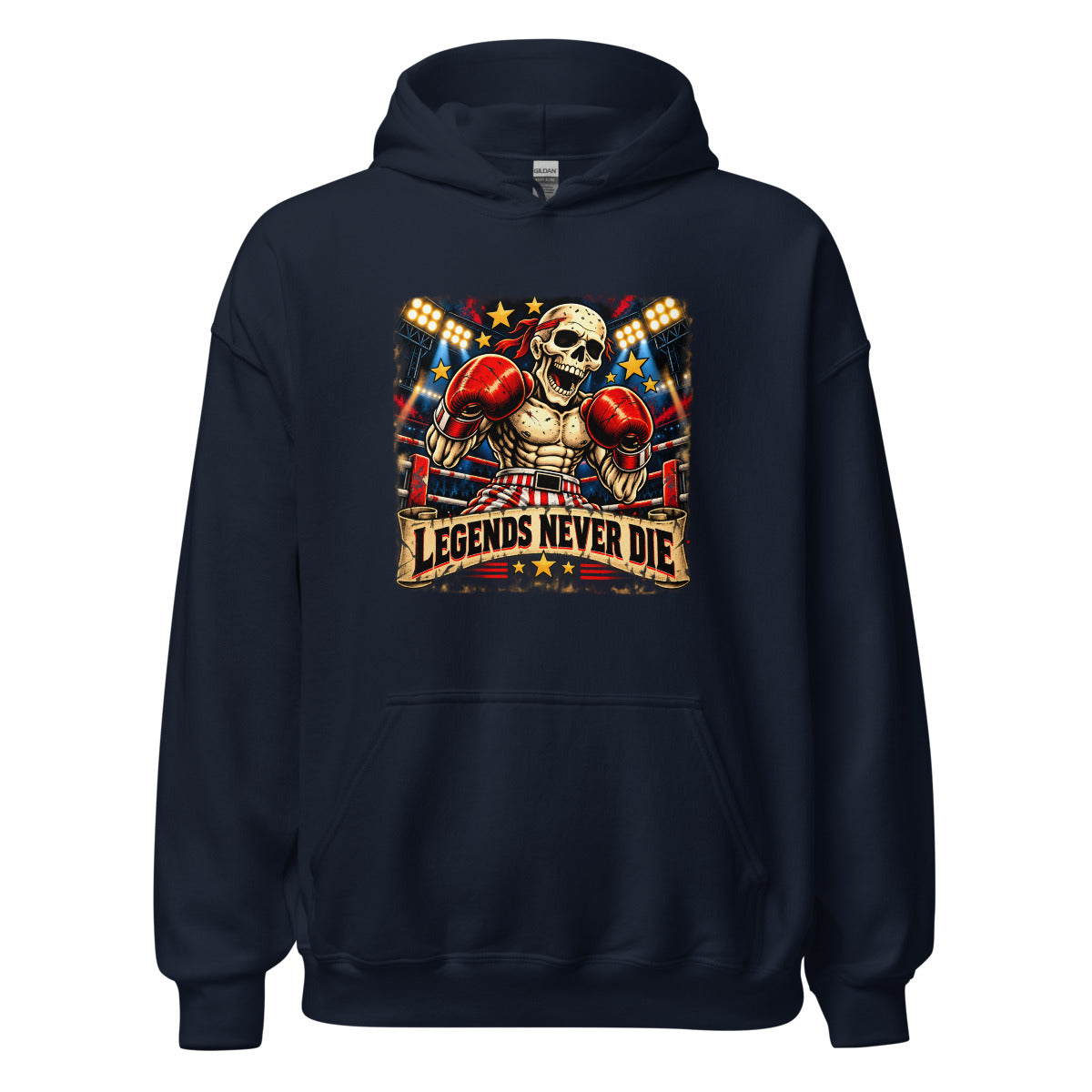 Boxskelett mit Schriftzug "Legends Never Die" – Hoodie – großer Frontdruck
