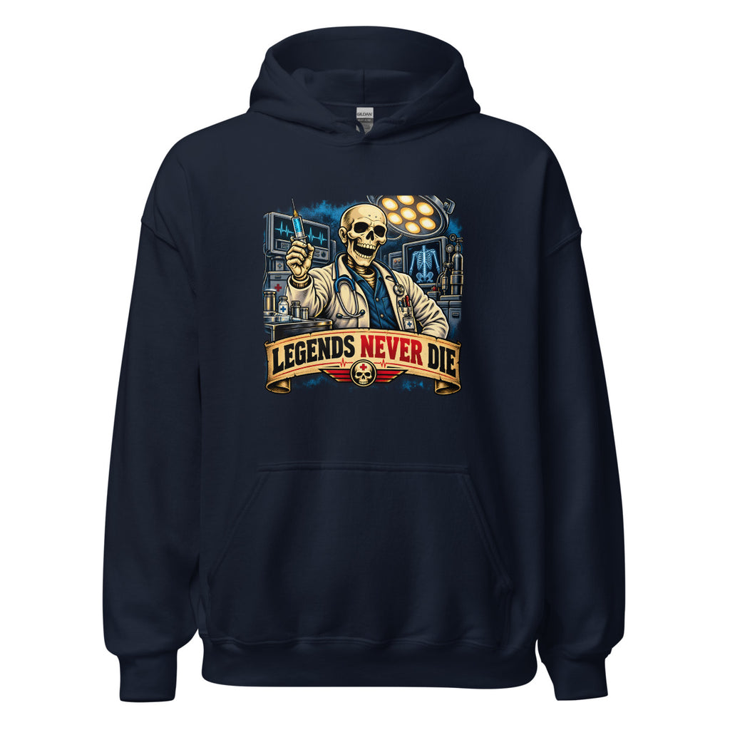 Skelett-Arzt mit Spritze und Schriftzug – Hoodie – großer Frontdruck