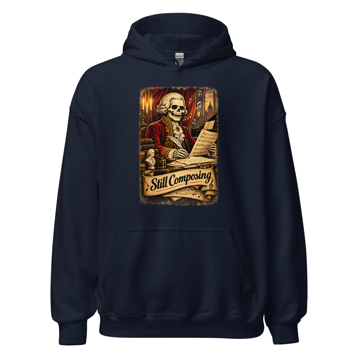 Skelett-Komponist "Still Composing" – Hoodie – großer Frontdruck