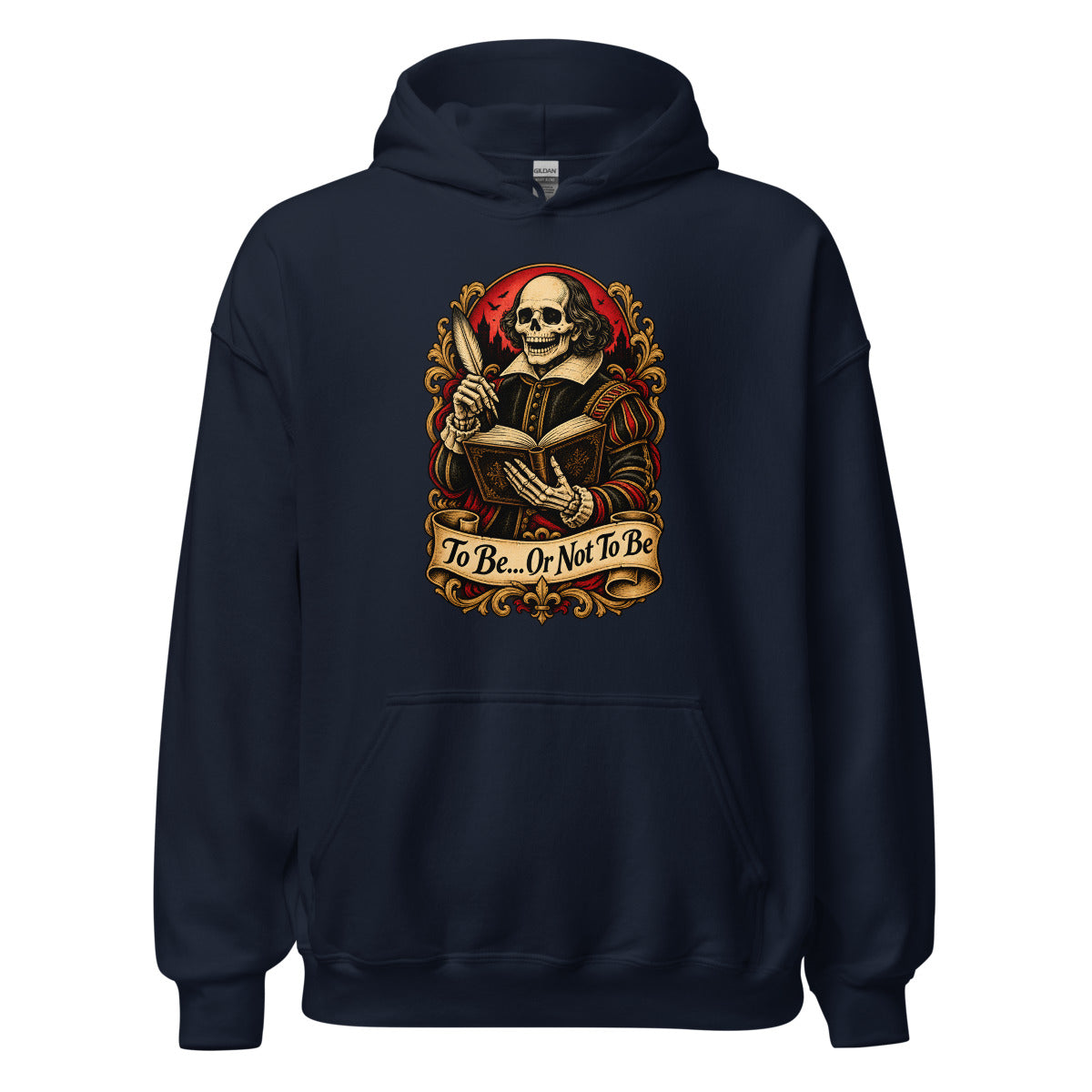 Skelett Shakespeare mit Feder und Buch – Hoodie – großer Frontdruck