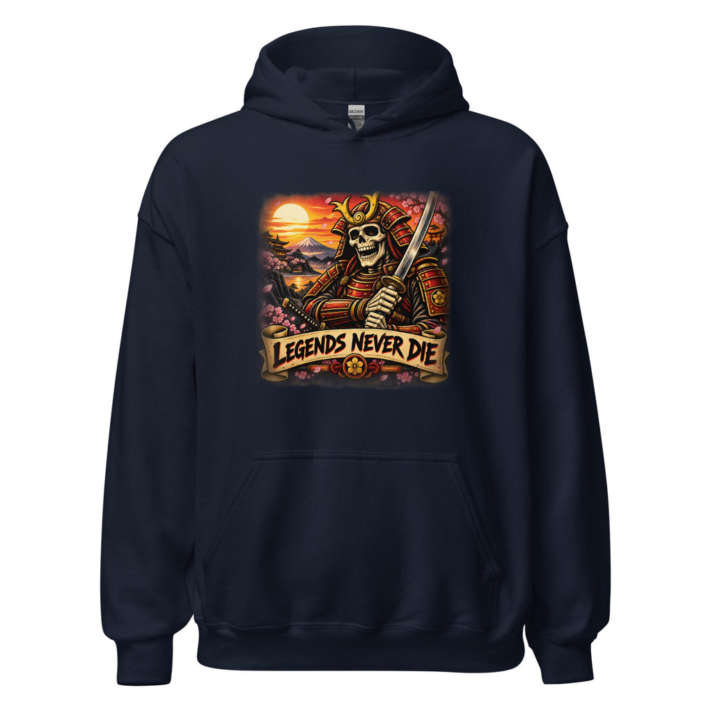 Skelett-Samurai mit Schriftzug "Legends Never Die" – Hoodie – großer Frontdruck