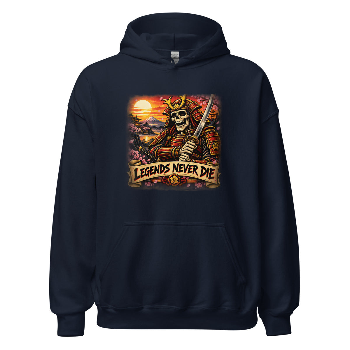 Skelett-Samurai mit Schriftzug "Legends Never Die" – Hoodie – großer Frontdruck