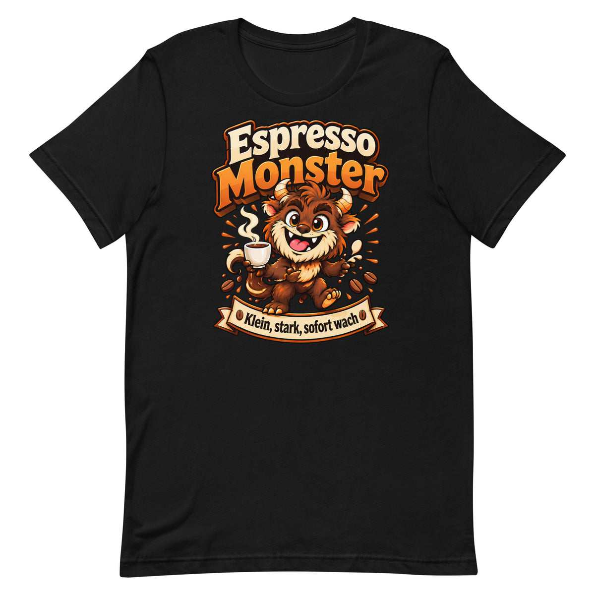Espresso Monster mit Schriftzug - tatsaechlicher grosser Printful-Frontdruck