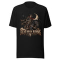 Unisex T-Shirt in Black, Vorderansicht mit Frontprint: Skelett-Cowboy mit Hut und rotem Halstuch auf einem schwarzen Pferd vor einer großen Mondsichel, flankiert von zwei schwarzen Vögeln; darunter „Dead Man Riding“. – Unisex Staple T-Shirt | Bella + Canvas 3001