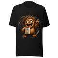 Unisex T-Shirt in Black, Vorderansicht mit Frontprint: Ein zotteliges, braunes Monster mit großen Augen und offenem Mund hält eine Kaffeetasse mit der Aufschrift 'Kaffee für alles!' und jubelt. Um das Monster herum fliegen Kaffeebohnen und Kaffeeflecken. Darüber steht der Text 'Ich nach meinem ersten Kaffee'. – Unisex Staple T-Shirt | Bella + Canvas 3001