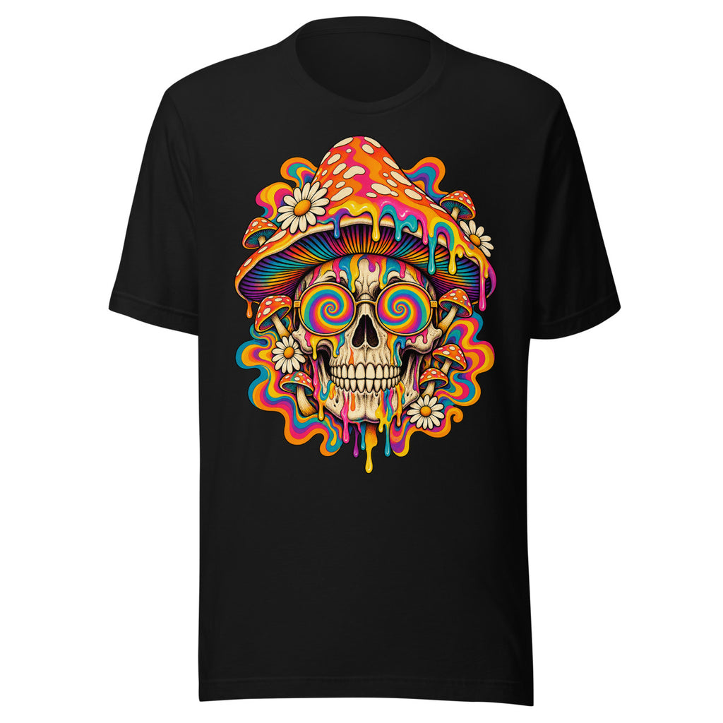 Unisex T-Shirt in Black, Vorderansicht mit Frontprint: Illustration eines menschlichen Totenkopfs mit einem großen, bunten Pilzhut, der von bunten, tropfenden Farben und kleineren Pilzen sowie Gänseblümchen umgeben ist. Der Totenkopf trägt runde Brillen mit Regenbogen-Spiralen. – Unisex Staple T-Shirt | Bella + Canvas 3001