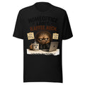 Unisex T-Shirt in Black, Vorderansicht mit Frontprint: Mürrisches, braunes Kaffee-Monster mit dampfender Kaffeetasse und Laptop am Tisch, umgeben von Sprüchen über Kaffee und Homeoffice. – Unisex Staple T-Shirt | Bella + Canvas 3001