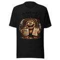Unisex T-Shirt in Black, Vorderansicht mit Frontprint: Ein zotteliges, lachendes Monster hält eine dampfende Kaffeetasse und eine To-Do-Liste mit durchgestrichenen Aufgaben außer Kaffee. – Unisex Staple T-Shirt | Bella + Canvas 3001