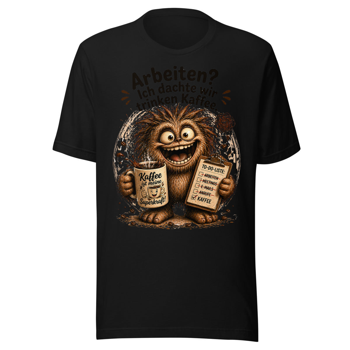 Unisex T-Shirt in Black, Vorderansicht mit Frontprint: Ein zotteliges, lachendes Monster hält eine dampfende Kaffeetasse und eine To-Do-Liste mit durchgestrichenen Aufgaben außer Kaffee. – Unisex Staple T-Shirt | Bella + Canvas 3001