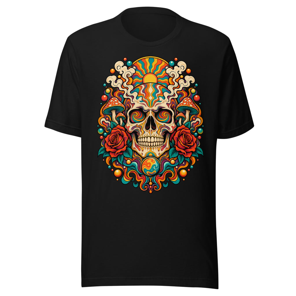 Unisex T-Shirt in Black, Vorderansicht mit Frontprint: Illustration eines Totenkopfs mit bunten psychedelischen Mustern, flankiert von roten Rosen und Fliegenpilzen, mit einer stilisierten Sonne im Hintergrund. – Unisex Staple T-Shirt | Bella + Canvas 3001