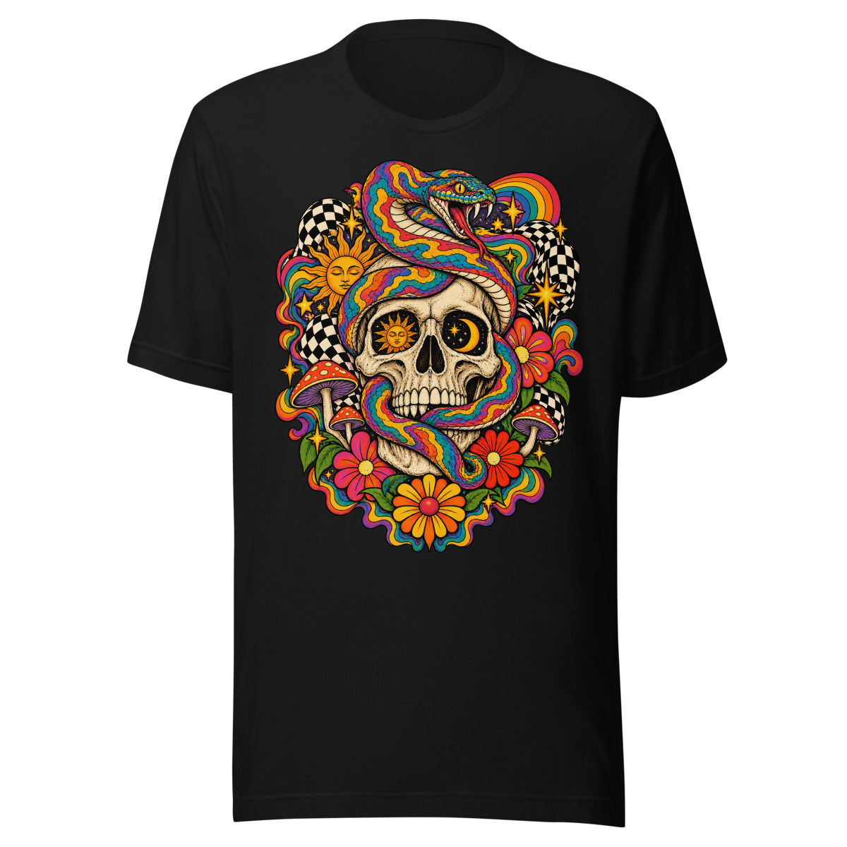 Unisex T-Shirt in Black, Vorderansicht mit Frontprint: Illustration eines menschlichen Schädels mit einer bunten Schlange, die sich darum windet, umgeben von Pilzen, Blumen, Regenbogenmustern und Sternen auf hellem und dunklem Hintergrund. – Unisex Staple T-Shirt | Bella + Canvas 3001