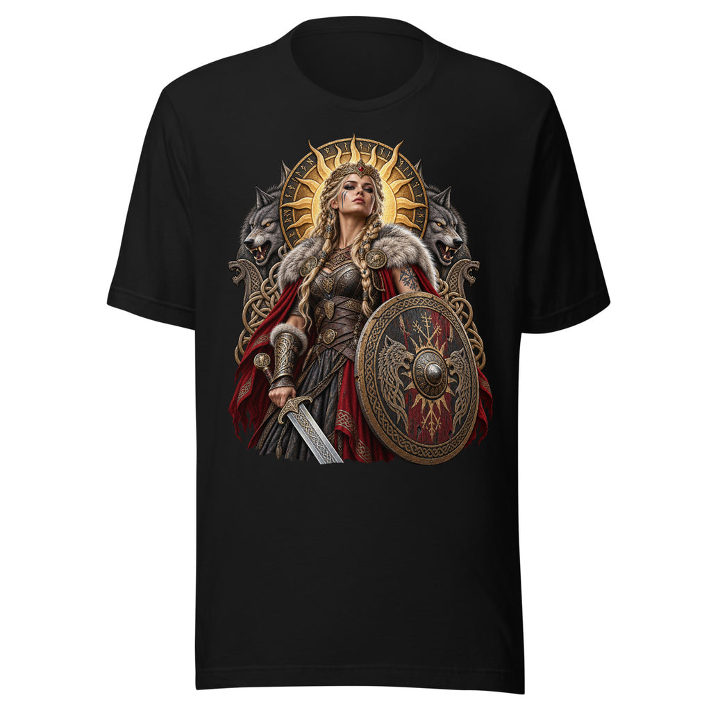 Unisex T-Shirt in Black, Vorderansicht mit Frontprint: Porträt einer Wikinger-Kriegerin mit geflochtenem Haar, Gesichtsbemalung, Fellumhang, Schild mit Wolfsmotiven und Schwert, flankiert von zwei aggressiv blickenden Wölfen vor einem goldenen Sonnenornament mit Runen. – Unisex Staple T-Shirt | Bella + Canvas 3001