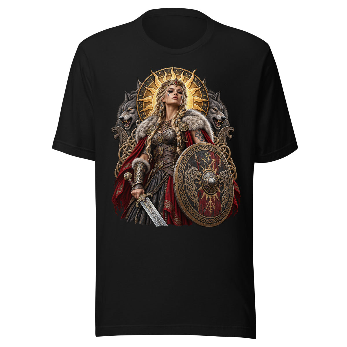 Unisex T-Shirt in Black, Vorderansicht mit Frontprint: Porträt einer Wikinger-Kriegerin mit geflochtenem Haar, Gesichtsbemalung, Fellumhang, Schild mit Wolfsmotiven und Schwert, flankiert von zwei aggressiv blickenden Wölfen vor einem goldenen Sonnenornament mit Runen. – Unisex Staple T-Shirt | Bella + Canvas 3001