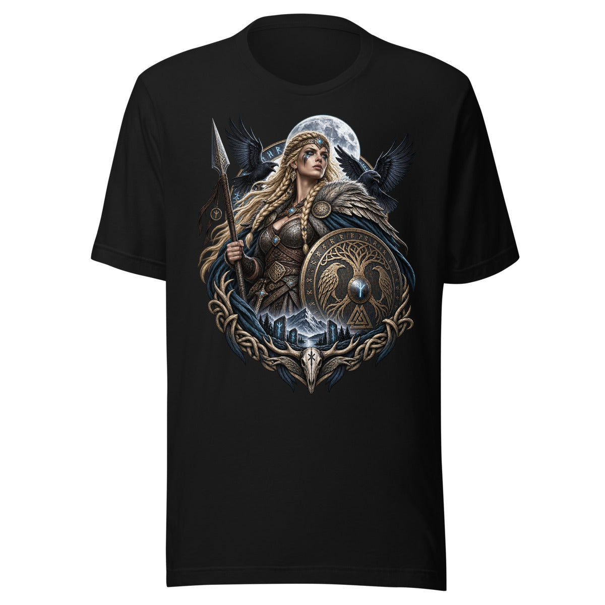 Unisex T-Shirt in Black, Vorderansicht mit Frontprint: Porträt einer Wikinger-Kriegerin mit geflochtenem blondem Haar, die einen Speer und einen mit nordischen Symbolen verzierten Schild hält, umgeben von zwei schwarzen Raben vor einem Vollmond und einer Berglandschaft mit Runensteinen. – Unisex Staple T-Shirt | Bella + Canvas 3001