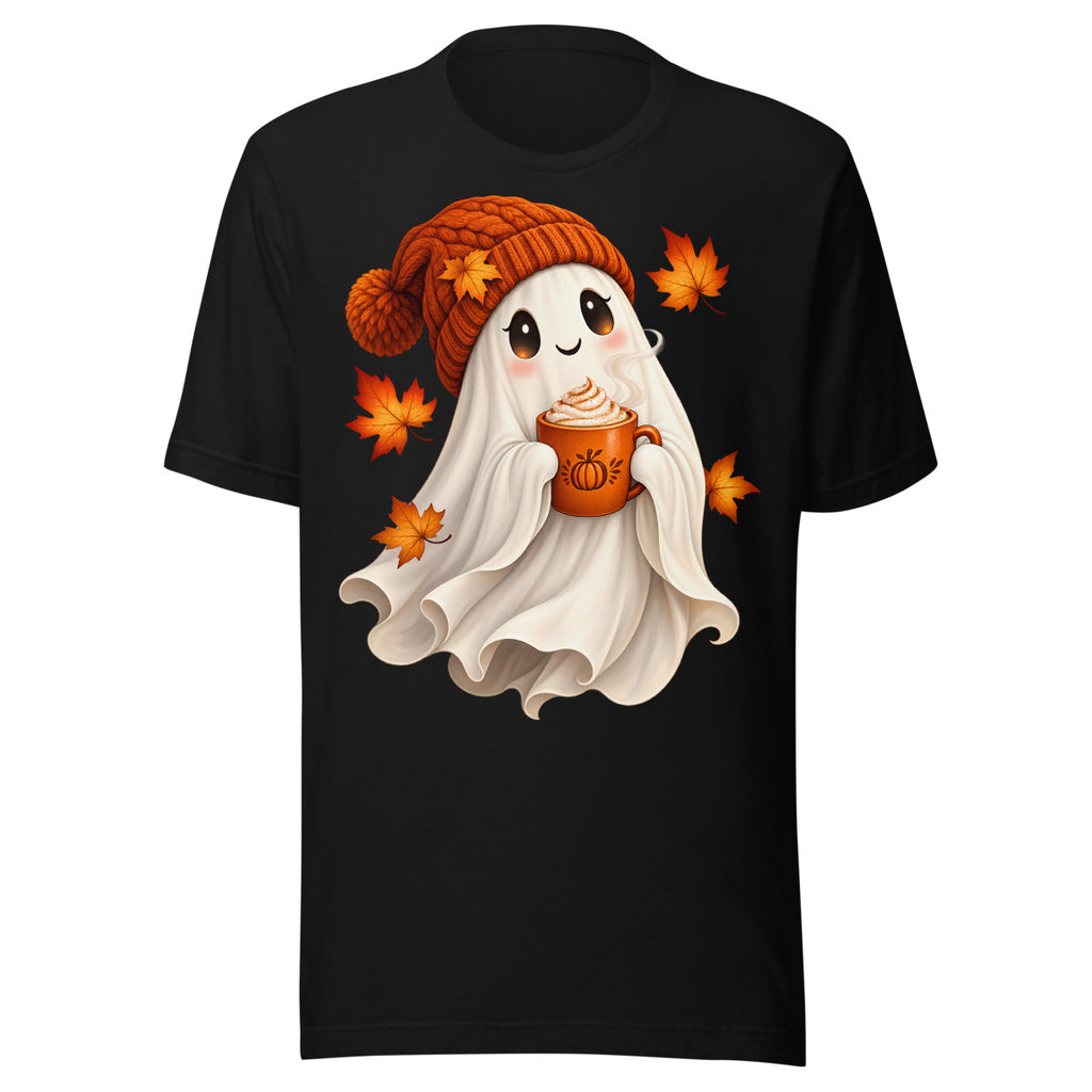 Ein fröhlicher Geist mit großen Augen und orangefarbener Strickmütze hält eine dampfende Tasse mit Kürbis-Motiv, umgeben von orangefarbenen Ahornblättern. – Unisex Staple T-Shirt | Bella + Canvas 3001