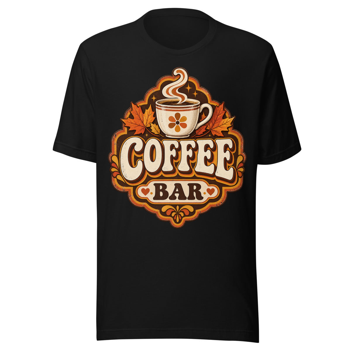 Retro-Illustration einer dampfenden Kaffeetasse mit Blumenmuster, umgeben von orangefarbenen Ahornblättern, darunter der Schriftzug "COFFEE BAR" in großer, verspielter Schrift auf braun-orangefarbenem Hintergrund. – Unisex Staple T-Shirt | Bella + Canvas 3001