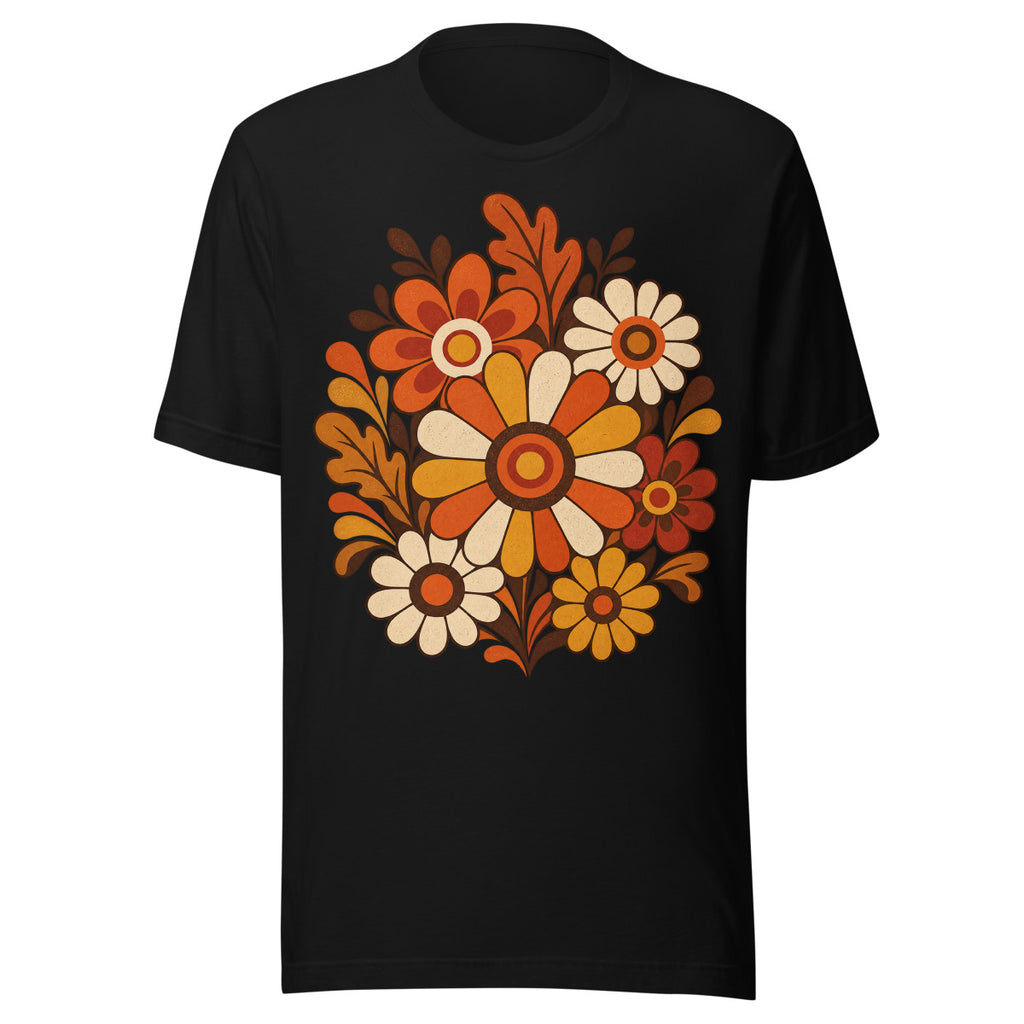 Stilisierter Blumenstrauß mit großen Blüten in Orange, Gelb und Creme, umgeben von dekorativen Blättern und geschwungenen Elementen in warmen Herbstfarben. – Unisex Staple T-Shirt | Bella + Canvas 3001