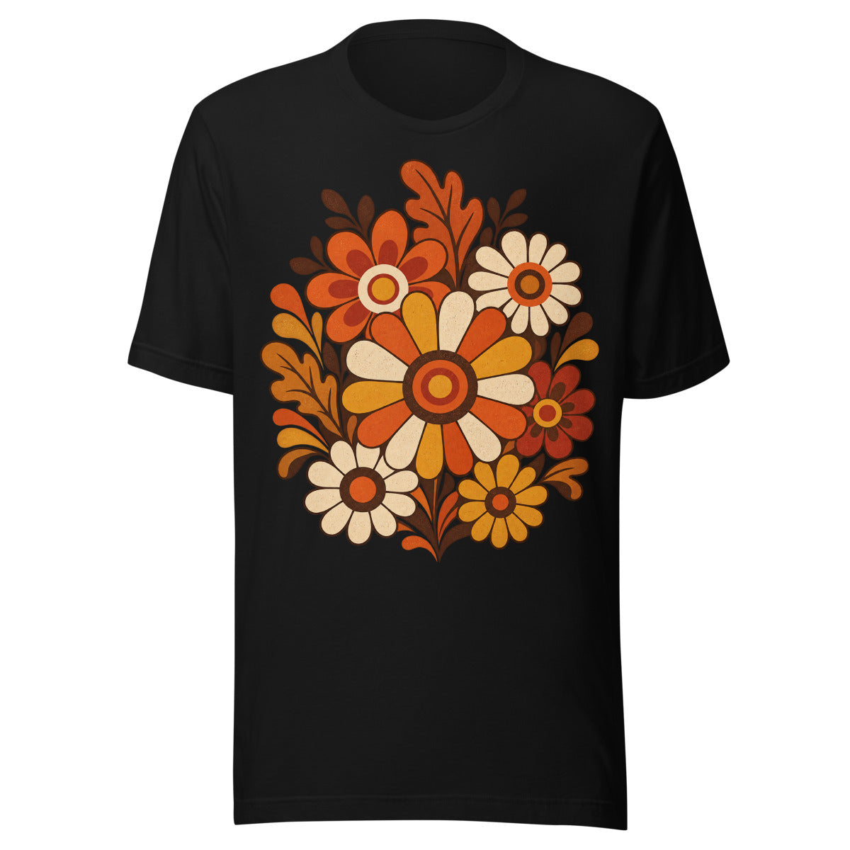 Stilisierter Blumenstrauß mit großen Blüten in Orange, Gelb und Creme, umgeben von dekorativen Blättern und geschwungenen Elementen in warmen Herbstfarben. – Unisex Staple T-Shirt | Bella + Canvas 3001