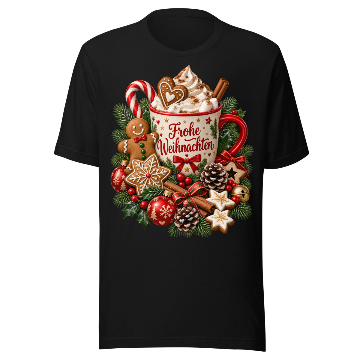 Weihnachtliche Tasse mit Kakao, Sahne, Marshmallows, Zimtstangen, Zuckerstange, Lebkuchenmännchen, Stern-Lebkuchen, Tannenzweigen, roten Beeren, Tannenzapfen, Weihnachtskugeln und Schriftzug Frohe Weihnachten auf einem Banner. – Unisex Staple T-Shirt | Bella + Canvas 3001