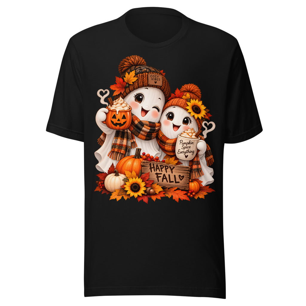 Zwei Geister mit Cozy-Vibes/Happy-Fall-Schrift. – Unisex Staple T-Shirt | Bella + Canvas 3001