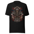 Illustration eines Wikinger-Schädels mit Hörnerhelm, roten Augen, gekreuzten blutigen Äxten, zwei schwarzen Raben, Totenschädeln mit Runen und nordischen Symbolen auf hellem und dunklem Hintergrund. – Unisex Staple T-Shirt | Bella + Canvas 3001