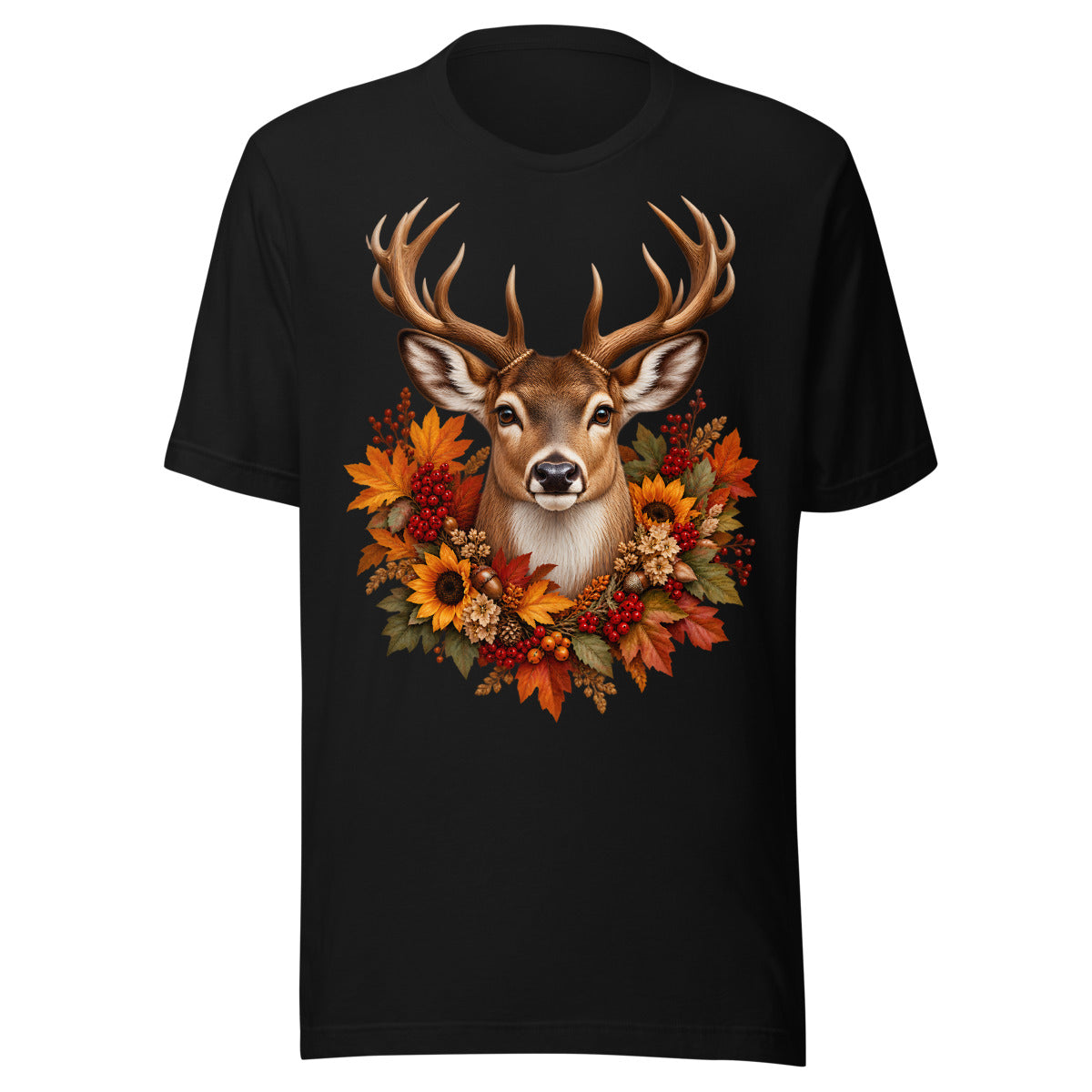 Hirschkopf mit Herbstblumen. – Unisex Staple T-Shirt | Bella + Canvas 3001
