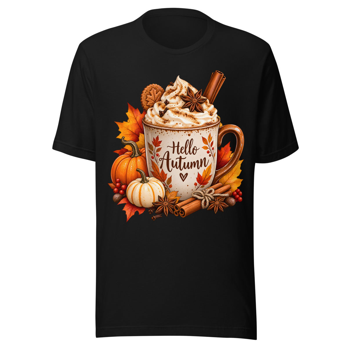 Tasse mit Sahne, Karamellsauce, Zimtstangen und Sternanis, umgeben von bunten Herbstblättern, Eicheln und roten Beeren. – Unisex Staple T-Shirt | Bella + Canvas 3001