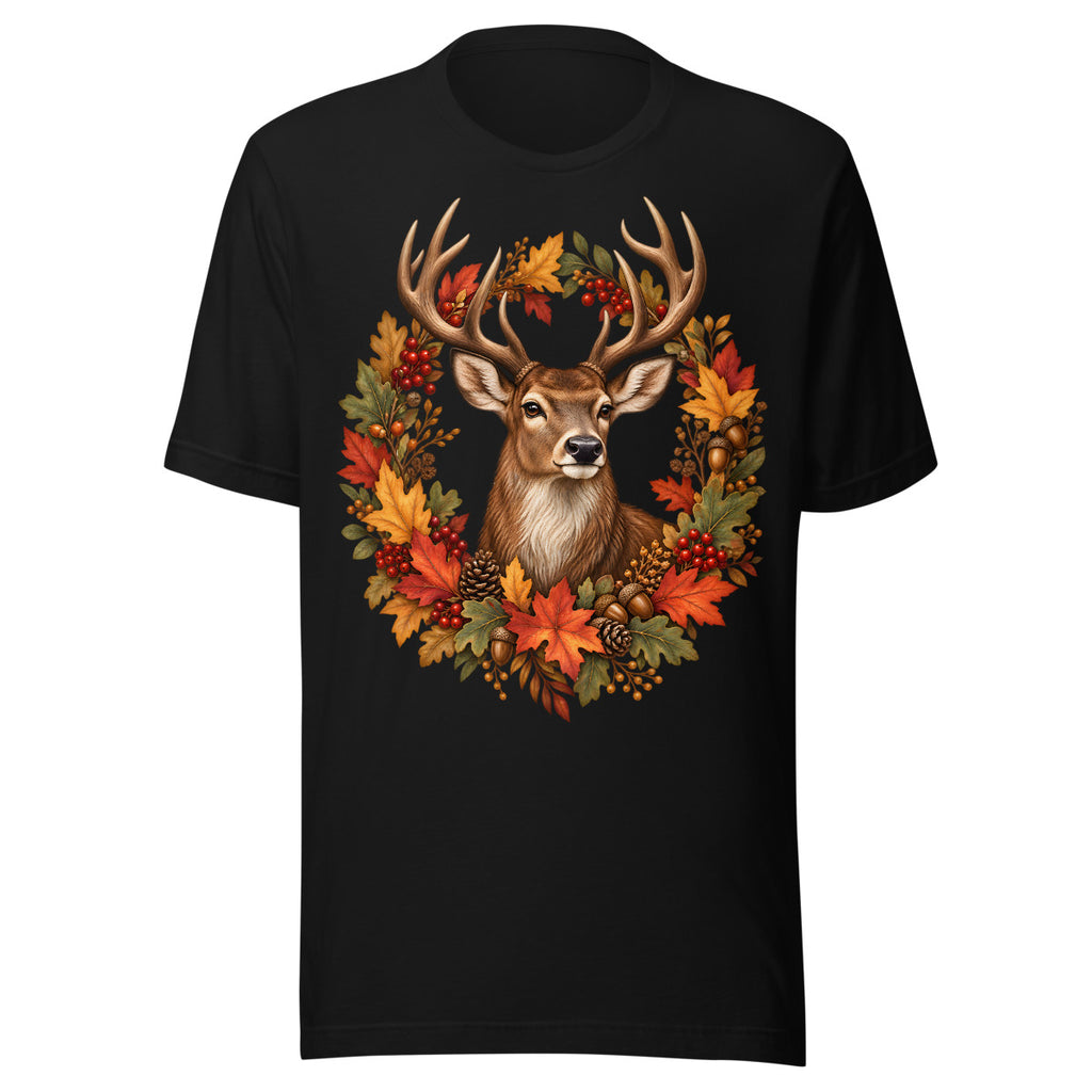 Realistisches Porträt eines Hirsches mit Geweih, geschmückt mit herbstlichen Blättern, roten Beeren, Eicheln und Blumen, vor hellem und dunklem Hintergrund. – Unisex Staple T-Shirt | Bella + Canvas 3001