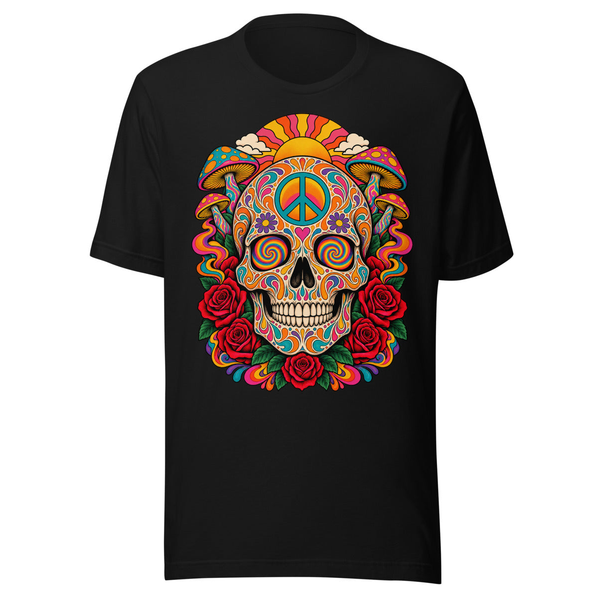 Bunt verzierter Zuckerschädel mit Peace-Zeichen auf der Stirn, umgeben von roten Rosen, bunten Pilzen und einer stilisierten Sonne mit Wolken. – Unisex Staple T-Shirt | Bella + Canvas 3001