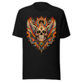 Illustration eines Totenkopfs mit bunten Flammen, großen farbigen Flügeln und kosmischen Symbolen wie Mondsicheln und Sternen auf hellem und dunklem Hintergrund. – Unisex Staple T-Shirt | Bella + Canvas 3001