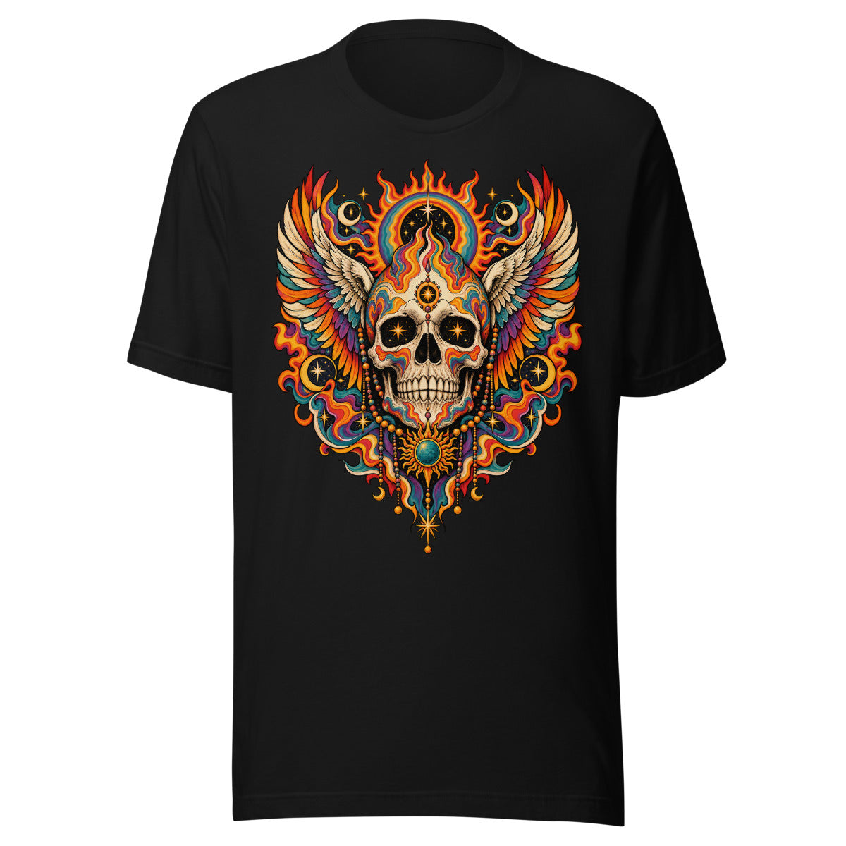 Illustration eines Totenkopfs mit bunten Flammen, großen farbigen Flügeln und kosmischen Symbolen wie Mondsicheln und Sternen auf hellem und dunklem Hintergrund. – Unisex Staple T-Shirt | Bella + Canvas 3001