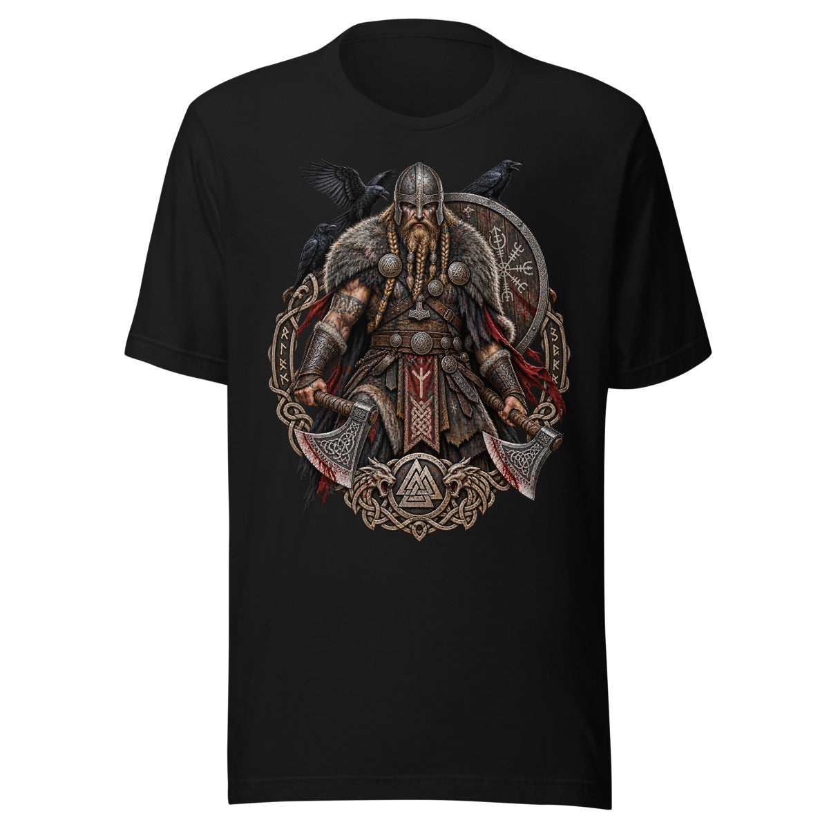 Illustration eines Wikingerkriegers mit Helm, Fellumhang, zwei blutigen Äxten, zwei Raben, einem Schild mit nordischen Symbolen und keltischen Ornamenten mit Drachenköpfen. – Unisex Staple T-Shirt | Bella + Canvas 3001