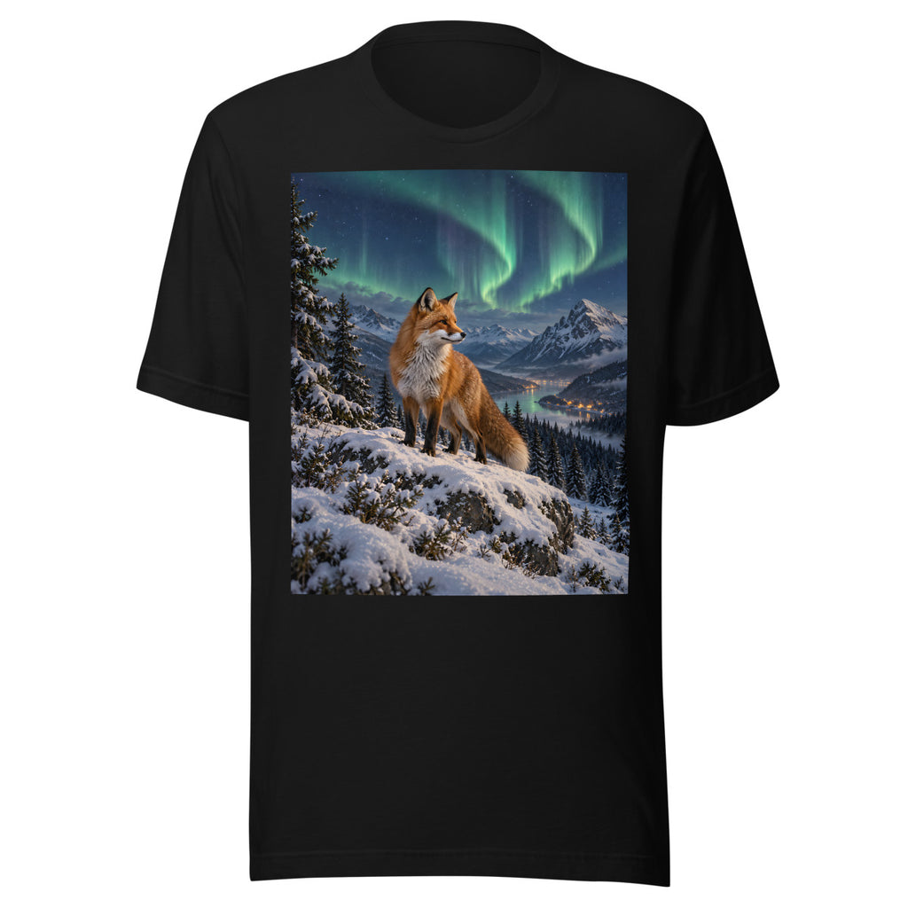 Winterfuchs unter Nordlichtern – T-Shirt – großer Frontdruck