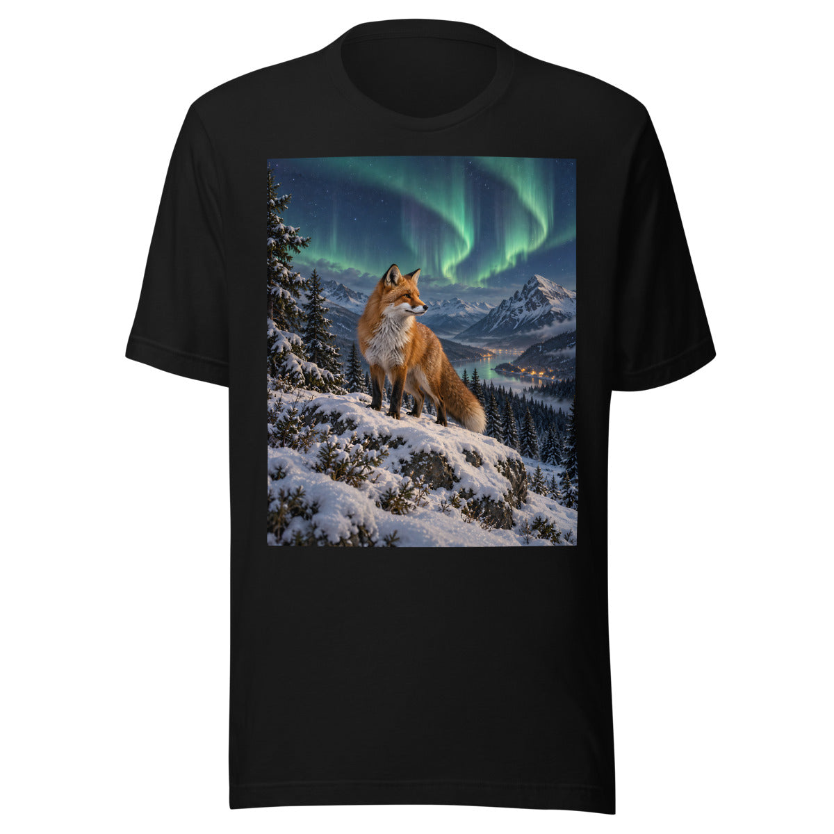 Winterfuchs unter Nordlichtern – T-Shirt – großer Frontdruck