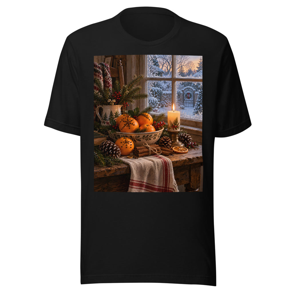 Orangen und Zimt im Kerzenlicht – T-Shirt – großer Frontdruck