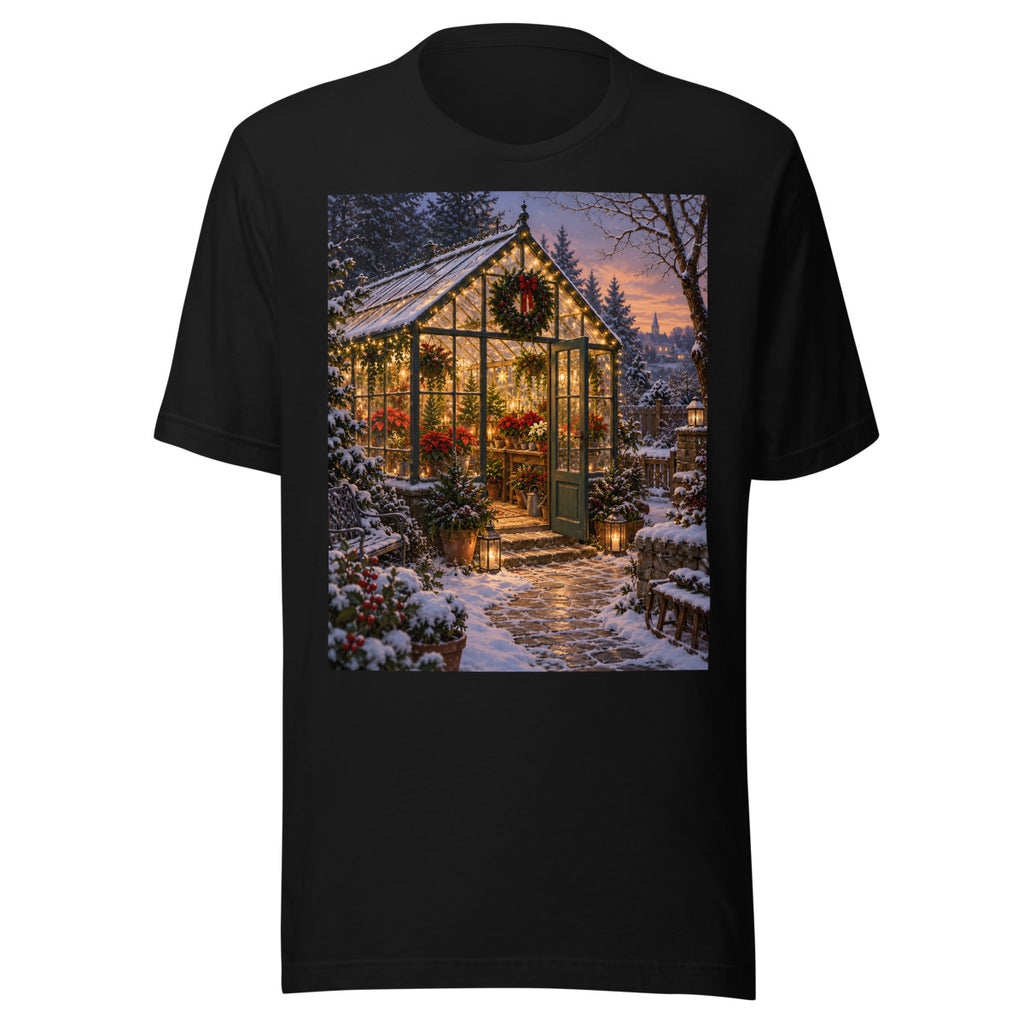 Festliches Gewächshaus im Schnee – T-Shirt – großer Frontdruck