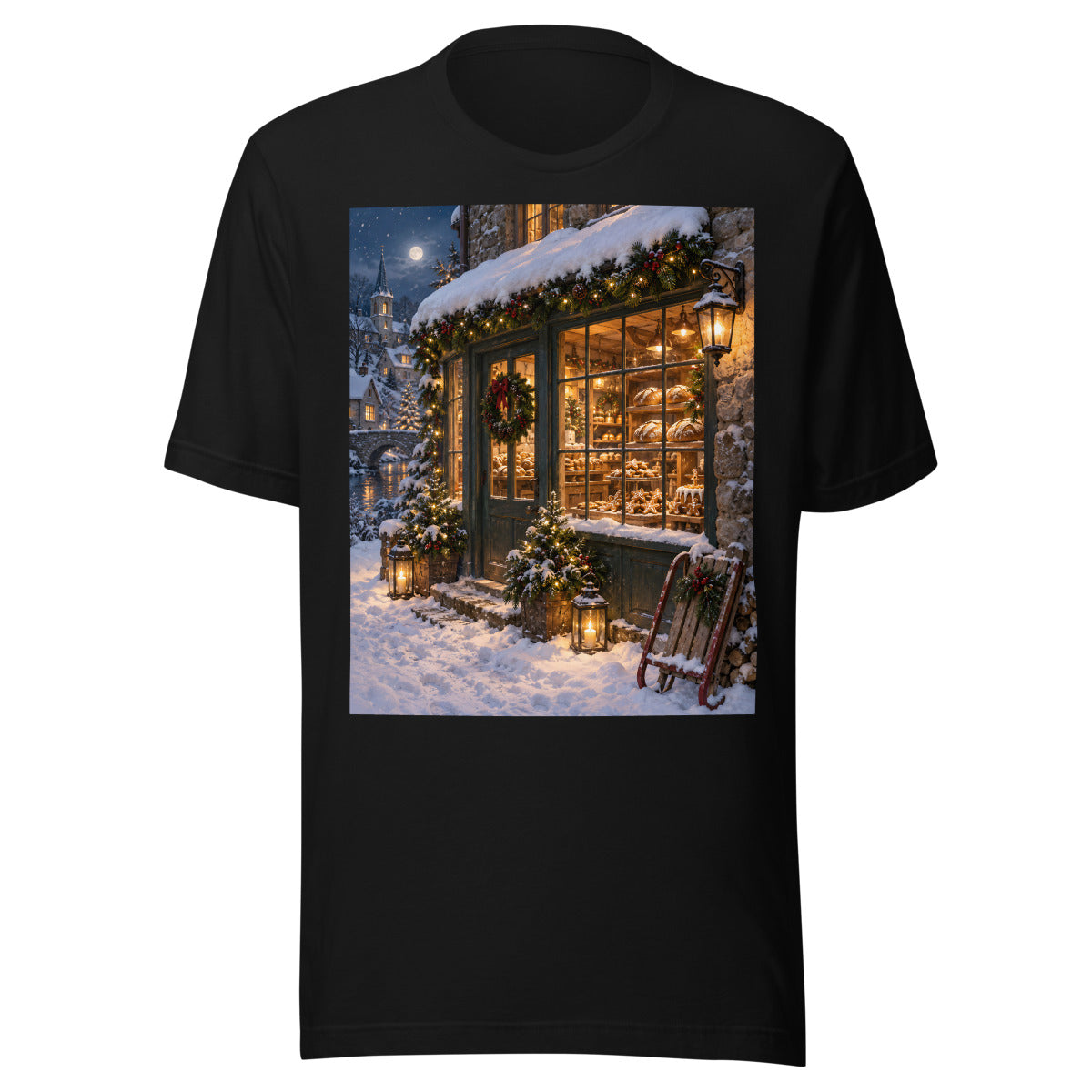 Weihnachtsbäckerei bei Nacht – T-Shirt – großer Frontdruck