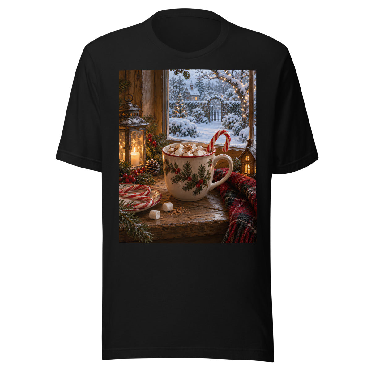 Weihnachtlicher Kakao am Fenster – T-Shirt – großer Frontdruck