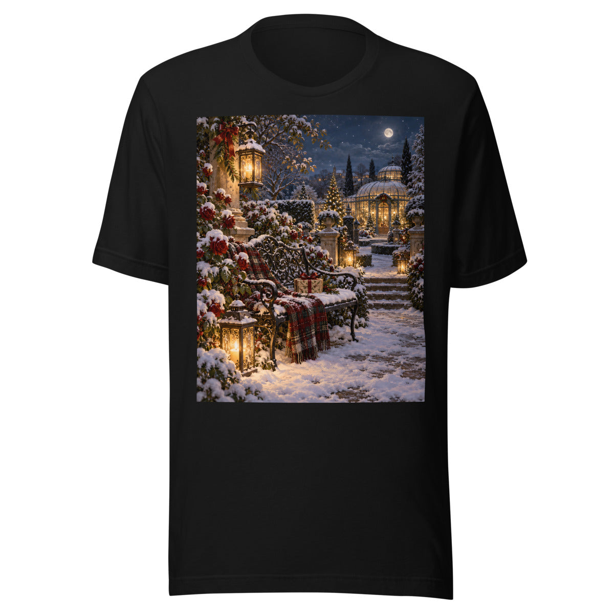 Laternengarten in der Winternacht – T-Shirt – großer Frontdruck